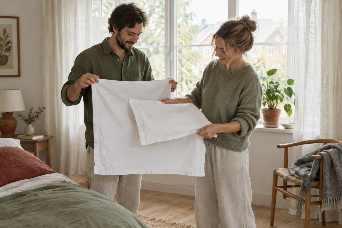 Två personer vid ett sovrumsfönster lägger ett otvättat örngott i bomull över ett nytvättat för att se hur mycket det har krympt