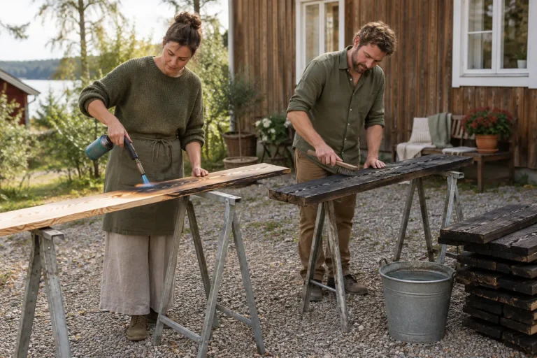 Två personer bränner och borstar granbrädor med gasolbrännare och stålborste på en grusplan