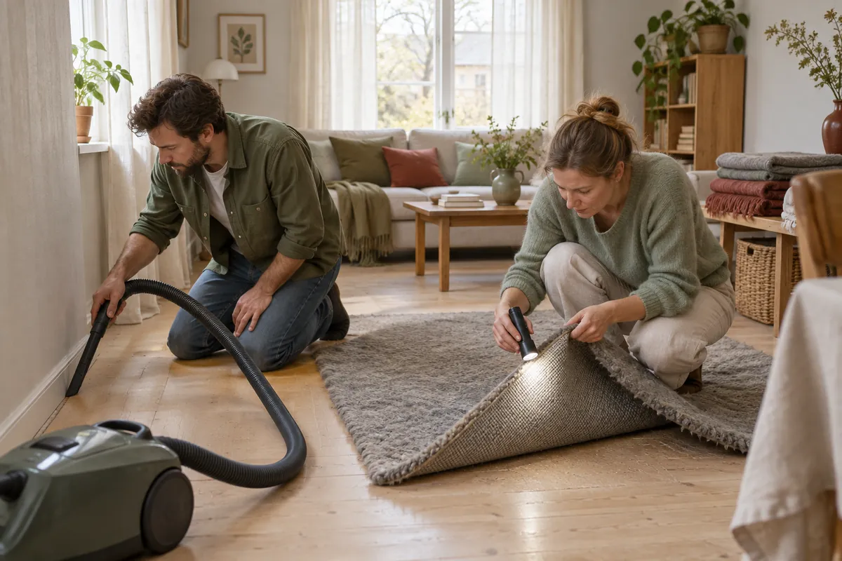 En man dammsuger längs golvlisten med ett smalt munstycke medan en kvinna viker upp hörnet på en ullmatta och lyser på undersidan med en ficklampa
