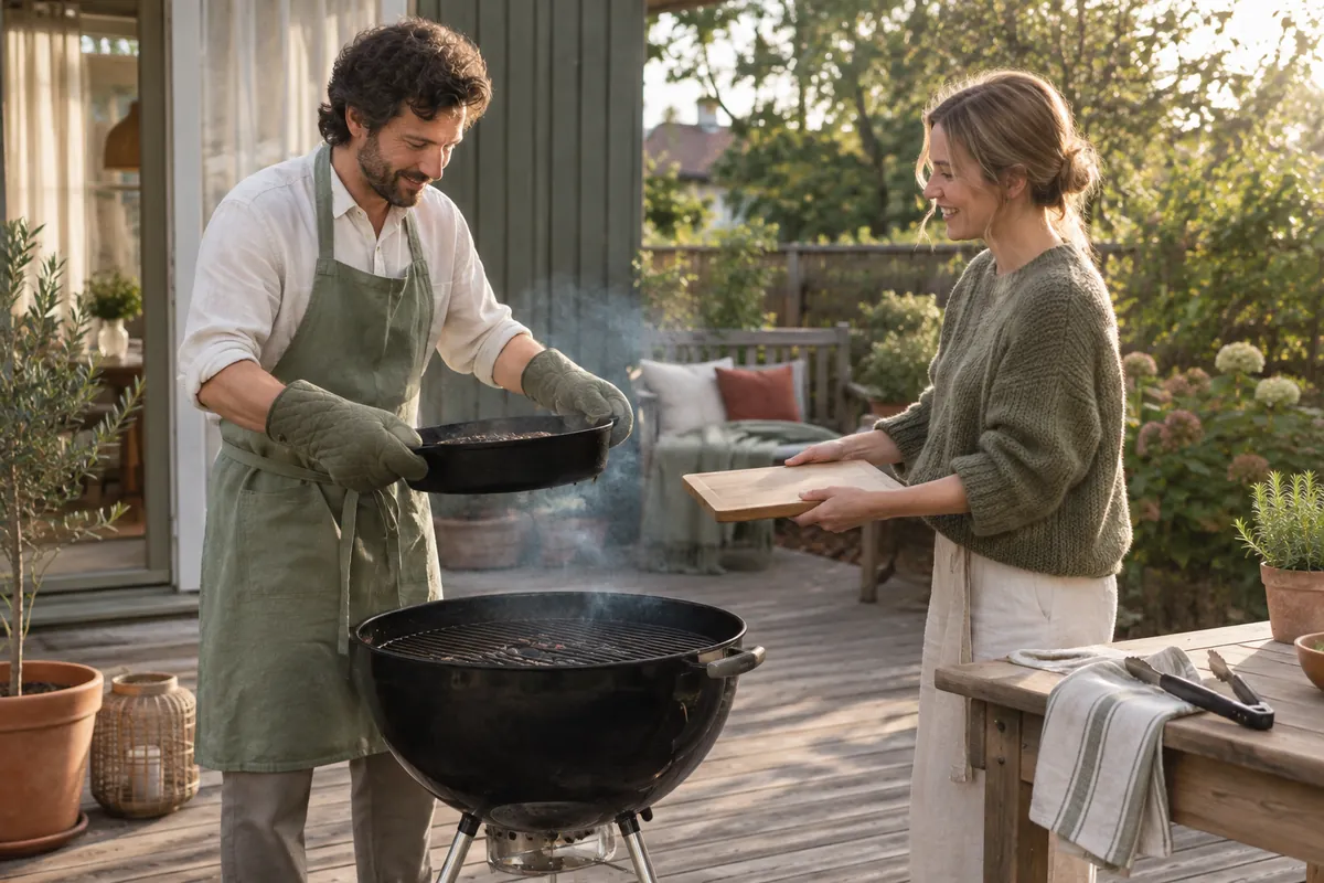 Två personer vid en grill, den ena i linneförkläde lyfter en het gjutjärnspanna med grillvantar och den andra håller fram en träbricka