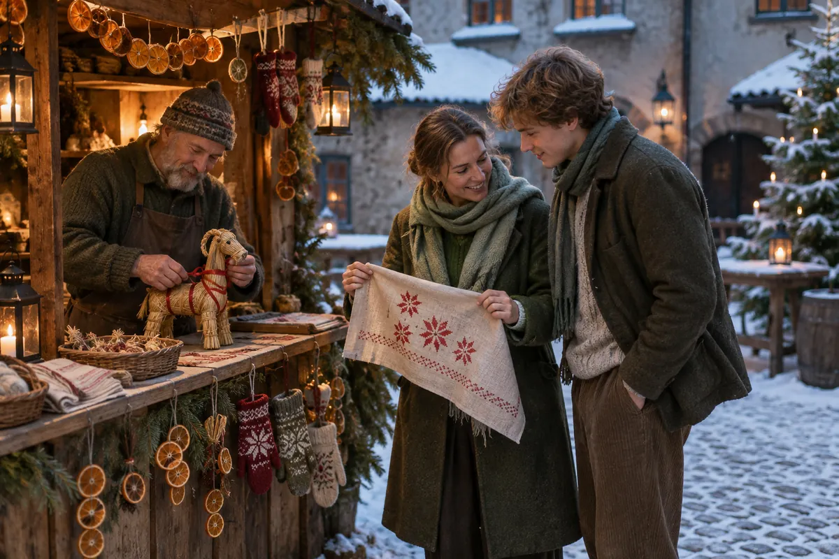 En hantverkare knyter ett rött band kring en halmbock medan två besökare tittar på ett broderat linnetyg vid ett julmarknadsstånd