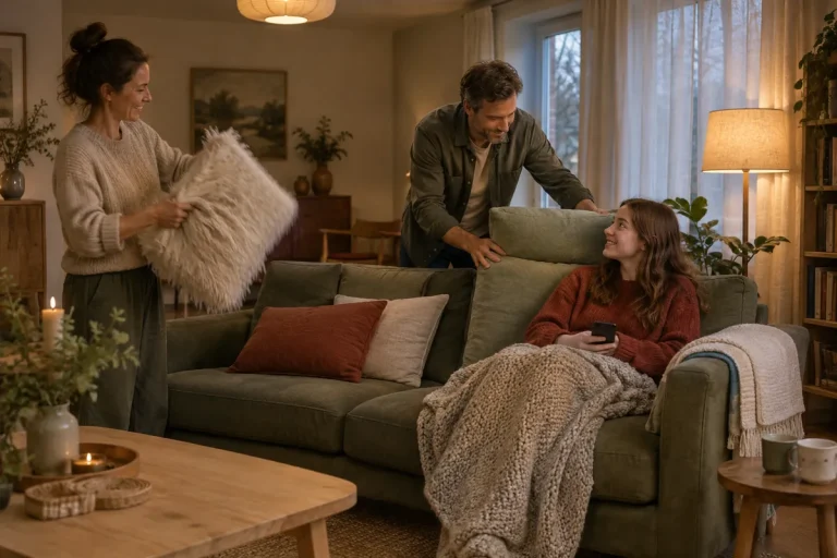 Tre personer bullar upp soffan med stora kuddar och en stickad filt en kväll i vardagsrummet