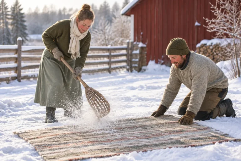 Två personer på en snötäckt gård har lagt en randig ullmatta upp och ner på snön, kvinnan piskar baksidan med en mattpiskare medan mannen håller mattan på plats
