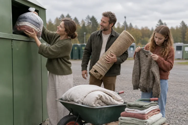 Tre personer lämnar kläder, en matta och ett täcke vid en insamlingsbehållare för textil på en återvinningscentral
