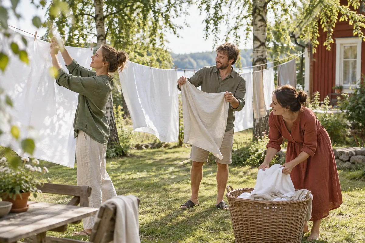 Tre personer hänger nytvättade lakan och handdukar på en tvättlina i solen