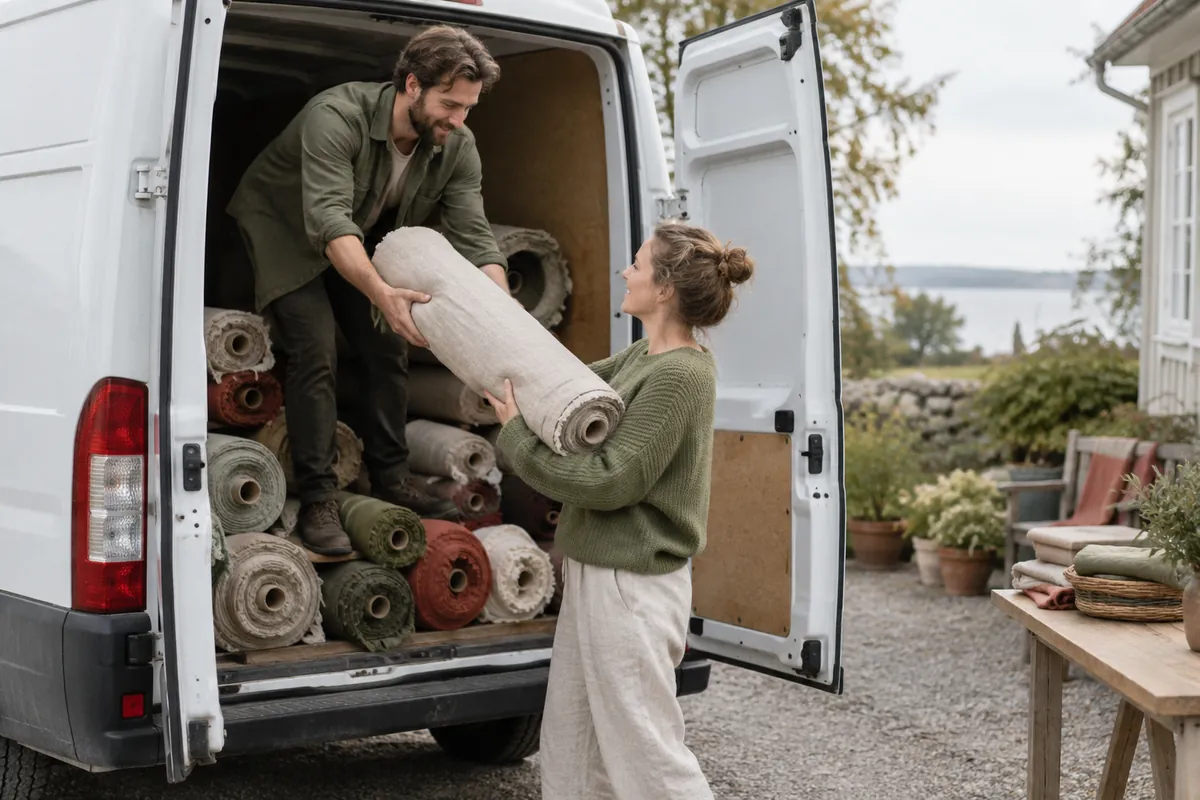 Två personer lastar av tygrullar från en skåpbil