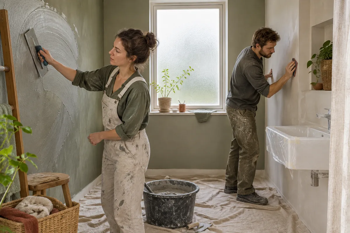 Två hantverkare lägger microcement i ett badrum, den ena drar ut spackelmassan på väggen med stålspackel och den andra slipar ett hörn för hand